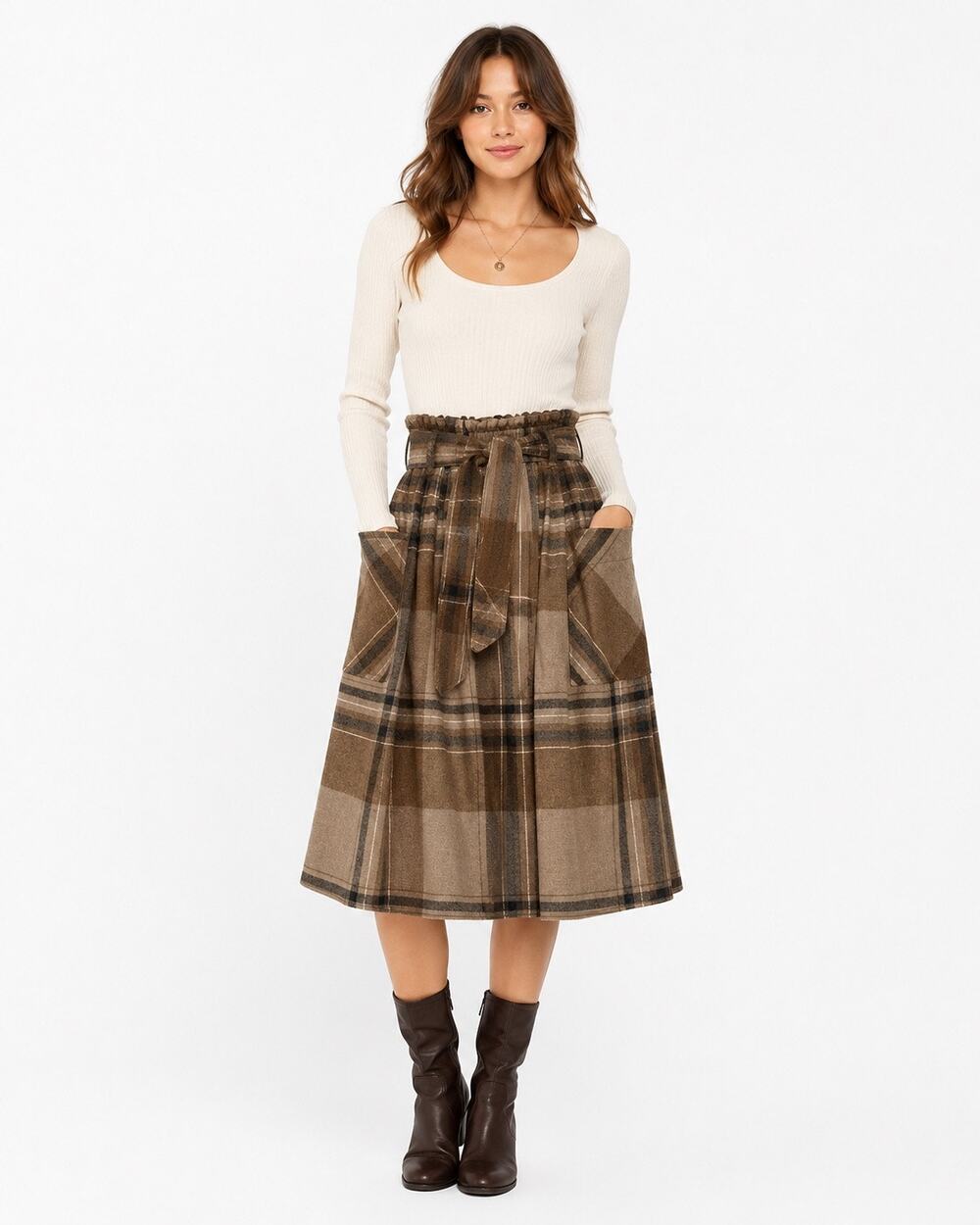 American Vintage Brown Plaid Wool Blend XS/S Paperbag Waist Midi Skirt Tie Belt